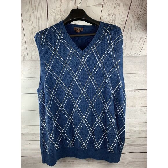 Tasso Elba Golf Sweater Vest Mens LARGE Navy argyle Cotton Cable V-neck Casual - Picture 1 of 4